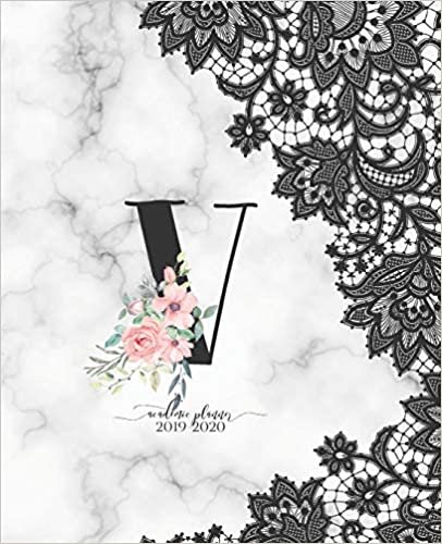 indir Academic Planner 2019-2020: Black Lace Marble D81Rose Gold Monogram Letter V with Pink Flowers Academic Planner July 2019 - June 2020 for Students, Moms and Teachers (School and College)