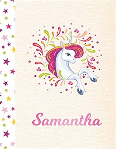 Samantha: Unicorn Personalized Custom K-2 Primary Handwriting Pink Blank Practice Paper for Girls, 8.5 x 11, Mid-Line Dashed Learn to Write Writing Pages indir