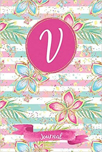 V Journal: Tropical Journal, personalized monogram initial V blank lined notebook | Decorated interior pages with tropical flowers indir