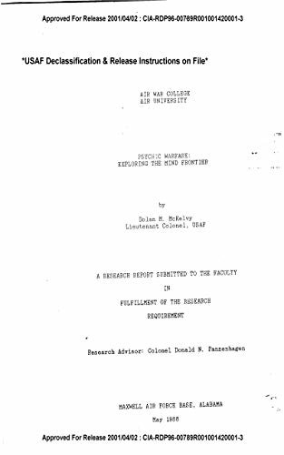Research Report 'Psychic Warfare: Exploring The Mind Frontier' DTD May 88 Letter To DIA From USAF Air UNIV, 7 Apr 88 Letter To USAF Air (English Edition)