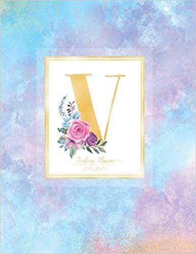 Academic Planner 2019-2020: Purple Blue Watercolor Gold Monogram Letter V with Pink Flowers Academic Planner July 2019 - June 2020 for Students, Moms and Teachers (School and College) indir