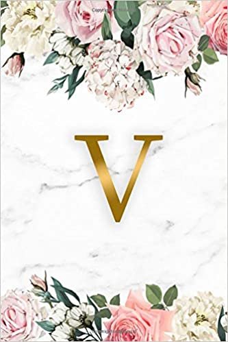 indir V: Floral Initial Monogram Letter V Blank Dot Grid Bullet Notebook for Notes &amp; Writing - Personalized Journal &amp; Diary for Women and Girls with Dot ... - Gold Monogram &amp; Grey Marble Background