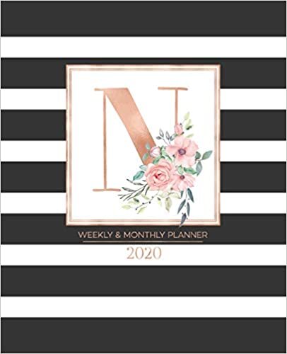 indir Weekly &amp; Monthly Planner 2020 N: Black and White Stripes Rose Gold Monogram Letter N with Pink Flowers (7.5 x 9.25 in) Vertical at a glance Personalized Planner for Women Moms Girls and School