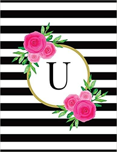indir Black and White Striped Pink Floral Monogram Journal with Letter U
