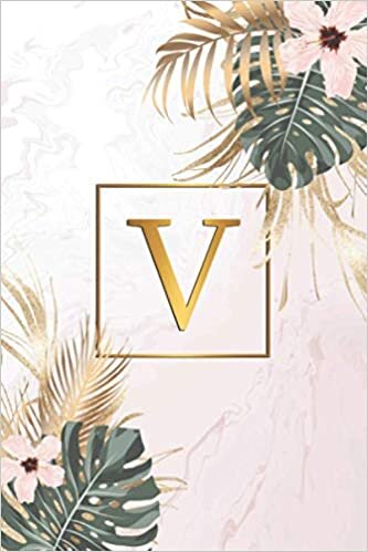 V: Monogram Letter V College Ruled Notebook - Initial Medium Lined Blank Journal - Acrylic Marble & Gold - Pink Tropical Floral indir