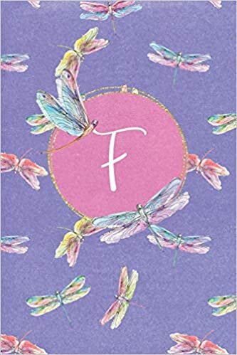 indir F: Dragonfly Journal, personalized monogram initial F blank lined notebook | Decorated interior pages with dragonflies