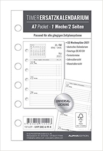 Timer Ersatzkalendarium A7 2021 - Bürokalender - Buchkalender A7 (8x13 cm) - Universallochung - 1 Woche 2 Seiten - 128 Seiten - Alpha Edition indir
