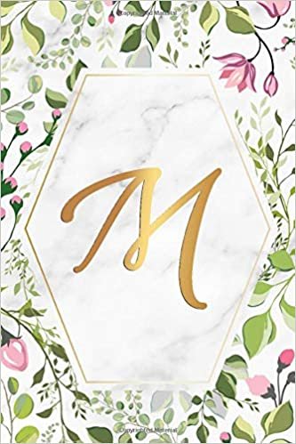 M: Nifty Blank College Ruled Notebook with Golden Monogram Initial Letter M for Women & Girls - Cute Personalized Medium Lined Diary & Journal - Nifty White Marble & Pink Floral Pattern indir