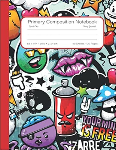 indir Primary Composition Notebook: Story Journal, Wide Ruled Dotted Midline and Picture Space, Grades K-2 Writing and Drawing Workbook, Large 8.5”x11” 120 pages, Fun Colorful Cartoon Graffiti