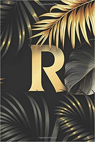 indir R Initial Monogram Letter 120 pages dot grid cream Planner Journal &amp; Diary for Writing &amp; Note Taking for Girls and Women: Black Gold tropical