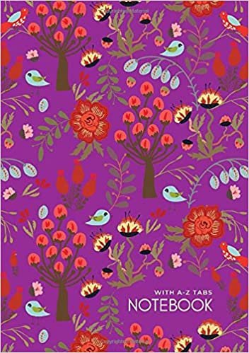 indir Notebook with A-Z Tabs: A5 Lined-Journal Organizer Medium with Alphabetical Section Printed | Birds in Forest Design Purple