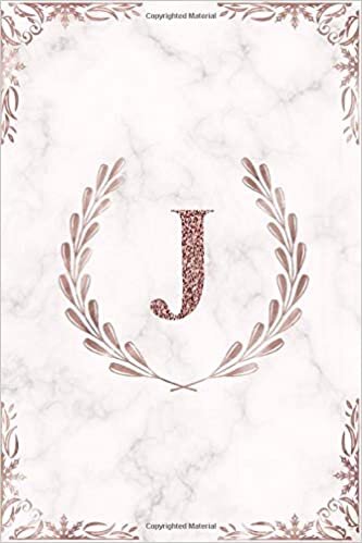 indir J: Rose Gold Letter J Monogram Initial 100 Page 6 x 9&quot; Blank Lined Laurel Wreath &amp; White Marble Journal Notebook