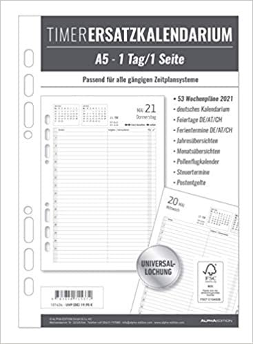 Timer Ersatzkalendarium A5 2021 - Bürokalender - Buchkalender A5 (15x21 cm) - Universallochung - 1 Tag 1 Seite - 352 Seiten - Alpha Edition