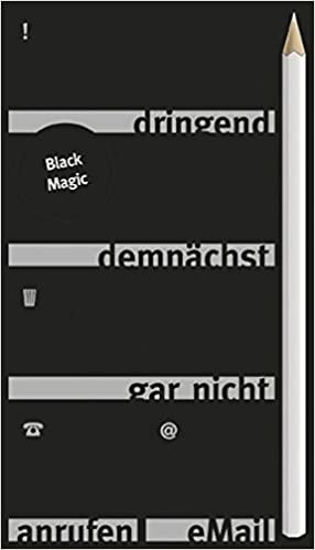 Perfektes Timing »Black Magic« - Haftnotizzettel, 5 verschiedene schwarze Blöcke à 100 Blatt in Box mit weißem Stift.