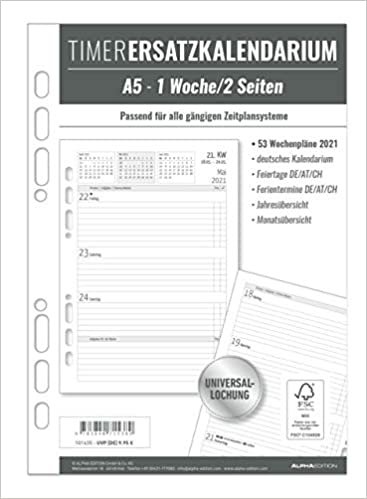 Timer Ersatzkalendarium A5 2021 - Bürokalender - Buchkalender A5 (15x21 cm) - Universallochung - 1 Woche 2 Seiten - 128 Seiten - Alpha Edition