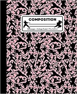 indir Composition: College Ruled Writing Notebook, Rose Pink Ninja Pattern Marbled Blank Lined Book