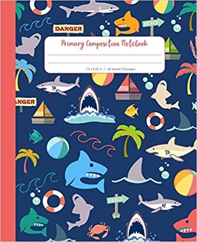 indir Primary Composition Notebook: Shark Attack | Bright and Colorful | Doing school work and homework is more fun in a cute notebook | Standard lined paper with margin | 120 pages