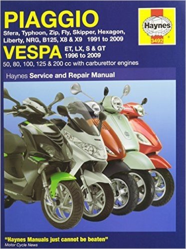 Piaggio Vespa: Sfera, Typhoon, Zip, Fly, Skipper, Hexagon, Liberty, Nrg, B125, X8 & X9 1991 to 2009 and Vespa Et, LX, S & GT 1996 to 2009