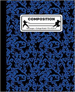 indir Composition: College Ruled Writing Notebook, Blue Ninja Pattern Marbled Blank Lined Book