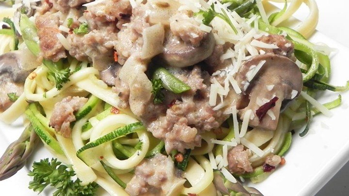 Fettuccine and Zoodles Topped with Chicken Sausage, Asparagus, and Mushrooms download