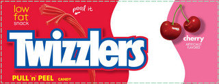 TWIZZLERS, PULL 'N' PEEL, CANDY, CHERRY, PEEL IT, LOW FAT SNACK AND ARTIFICIALLY FLAVORED