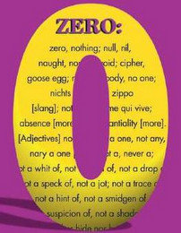 ZERO, NOTHING, NULL, NIL, NAUGHT, CIPHER, GOOSE EGG, NO ONE, NICHTS, ZIPPO, [SLANG], QUI VIVE, ABSENCE, [MORE], [ADJECTIVES] PNE, NOT ANY, NARY A ONE, NEVER A, A WHIT OF, NOT OF, NOT A DROP, OF A SPECK OF, NOT A JOT, NOT A TRACE, NOT A HINT OF, NOT A SMID recognize phone