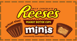REESE'S MINIS MILK CHOCOLATE PEANUT BUTTER CUPS ACTUAL SIZE! CONVENIENTLY UNWRAPPED MINI CUPS recognize phone
