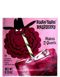 ROOTIN' TOOTIN' RASPBERRY MAKES 2 QUARTS IMITATION RASPBERRY FLAVOR SOFT DRINK MIX NET WT. 0.15 OZ.