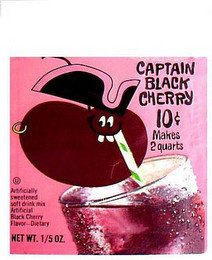 CAPTAIN BLACK CHERRY 10 MAKES 2 QUARTS ARTIFICIALLY SWEETENED SOFT DRINK MIX ARTIFICIAL BLACK CHERRY FLAVOR---DIETARY NET WT. 1/5 OZ.