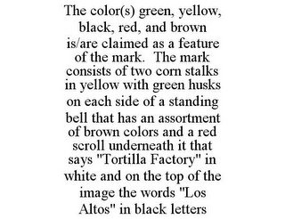THE COLOR(S) GREEN, YELLOW, BLACK, RED, AND BROWN IS/ARE CLAIMED AS A FEATURE OF THE MARK. THE MARK CONSISTS OF TWO CORN STALKS IN YELLOW WITH GREEN HUSKS ON EACH SIDE OF A STANDING BELL THAT HAS AN ASSORTMENT OF BROWN COLORS AND A RED SCROLL UNDERNEATH I