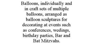 BALLOONS, INDIVIDUALLY AND IN CRAFT SETS OF MULTIPLE BALLOONS, ARRANGED AS BALLOON SCULPTURES FOR DECORATING AT EVENTS SUCH AS CONFERENCES, WEDINGS, BIRTHDAY PARTIES, BAR AND BAT MITZVAHS.