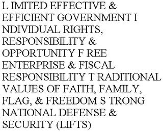 L IMITED EFFECTIVE & EFFICIENT GOVERNMENT I NDIVIDUAL RIGHTS, RESPONSIBILITY & OPPORTUNITY F REE ENTERPRISE & FISCAL RESPONSIBILITY T RADITIONAL VALUES OF FAITH, FAMILY, FLAG, & FREEDOM S TRONG NATIONAL DEFENSE & SECURITY (LIFTS)