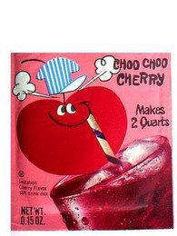 CHOO CHOO CHERRY MAKES 2 QUARTS IMITATION CHERRY FLAVOR SOFT DRINK MIX NET WT. 0.15 OZ.