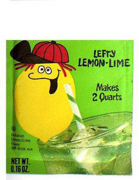 LEFTY LEMON · LIME MAKES 2 QUARTS IMITATION LEMON/LIME FLAVOR SOFT DRINK MIX NET WT. 0.16 OZ.
